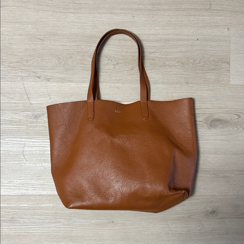 Cuyana Ash Monogramed Tan Leather Shoulder Bag
